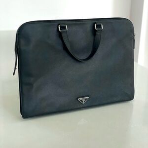 Prada Saffiano Leather Briefcase Zip Work Travel Bag Black mint condition